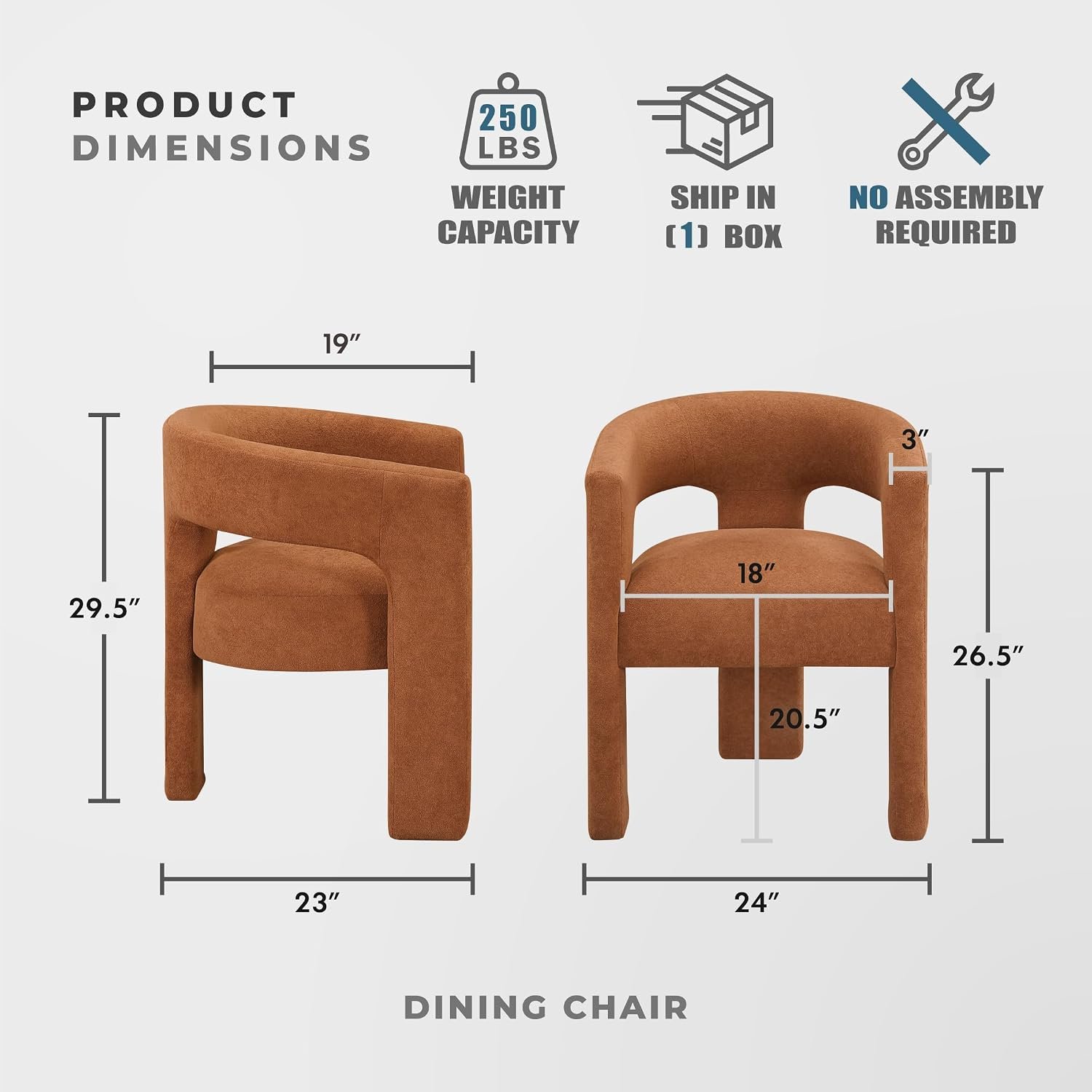 This dining chair is sold in a two-pack, injecting modern energy into your dining room or home office space. The chairs are fully upholstered in a unique boucle velvet fabric with a delicate circular texture, offering a rich feel and durability. The seat and curved backrest are filled with high-density foam for comfortable lumbar support. The chair frame is made of high-quality plywood, molded under high temperature, ensuring structural stability and preventing cracking or deformation. The frame is fully covered in velvet, ensuring both aesthetics and overall sturdiness. The tapered solid wood legs are coated with a protective clear varnish, providing excellent load-bearing capacity and a non-slip, stable feel. The most appealing feature of this chair is that it can be used directly without any tools, offering immediate comfort. The vibrant orange hue easily becomes a visual focal point in any space, suitable for modern minimalist or Scandinavian-style dining tables. - Image 2