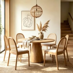 Rattan, Linen, and Solid Wood Leg Dining Chairs (6-Pack)