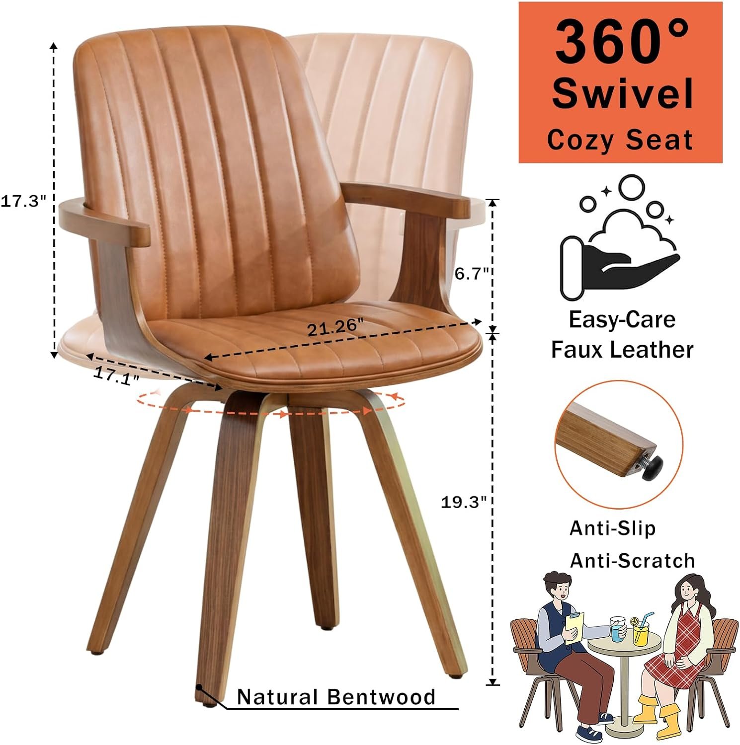 Walnut Wood Swivel Dining Chair with Leather Armrests - Image 2