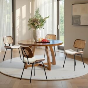 Square Rattan Backrest with Metal Legs, Upholstered Dining Chairs (Pack of 4)