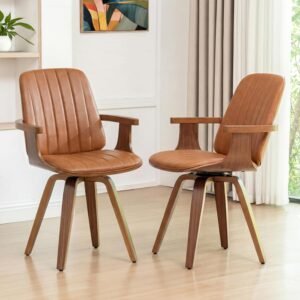 Walnut Wood Swivel Dining Chair with Leather Armrests