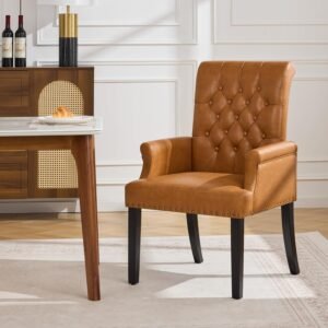 High-Back Dining Chair with Leather Armrests and Tufted Fabric