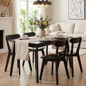 Black Solid Wood Curved Backrest Dining Chairs (Set of 4)