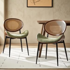 Green Rattan Farmhouse Style Wooden Dining Chairs (Set of 2)