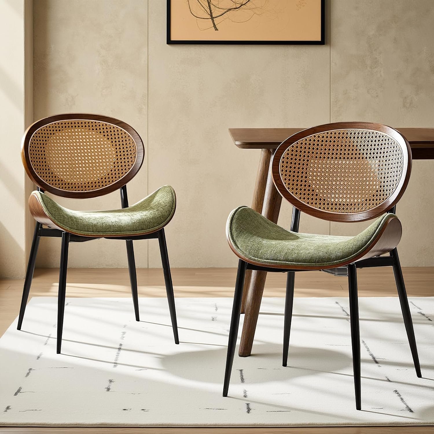 Green Rattan Farmhouse Style Wooden Dining Chairs (Set of 2)