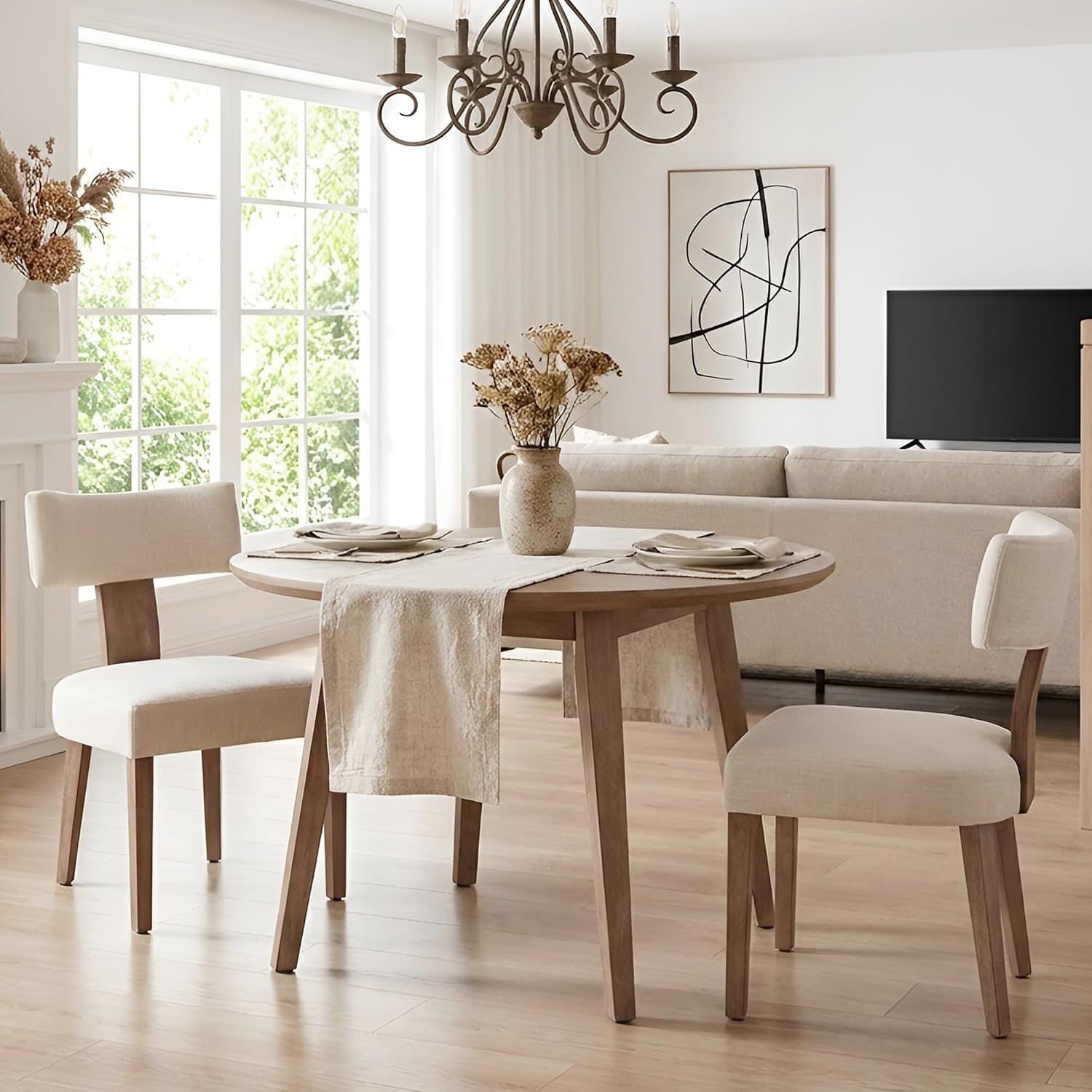 Linen Upholstered Solid Wood Leg Curved Dining Chairs (Set of 2)